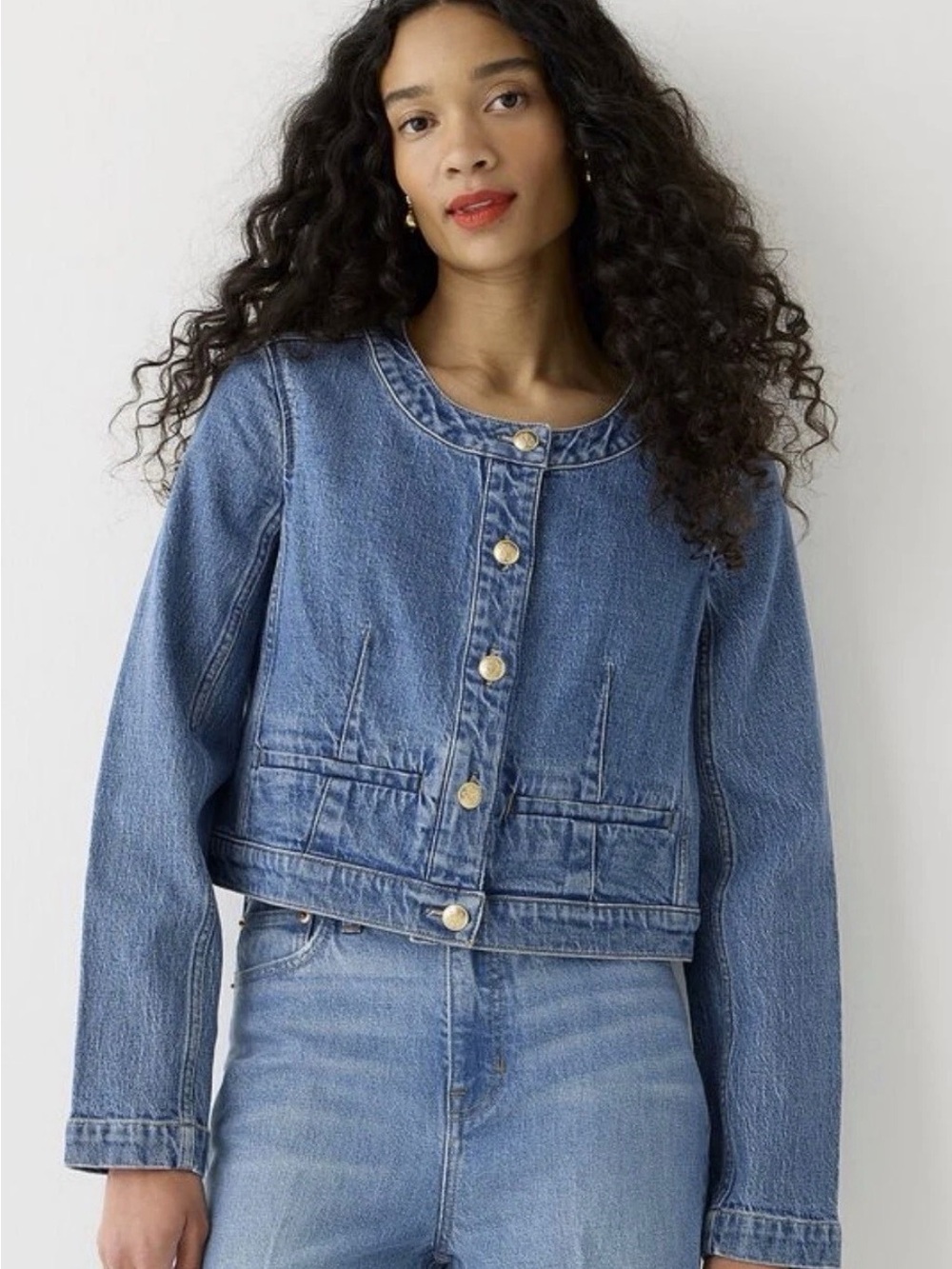 J. Crew Louisa Lady Cropped Denim Jacket with Gold-Tone Logo Stitching